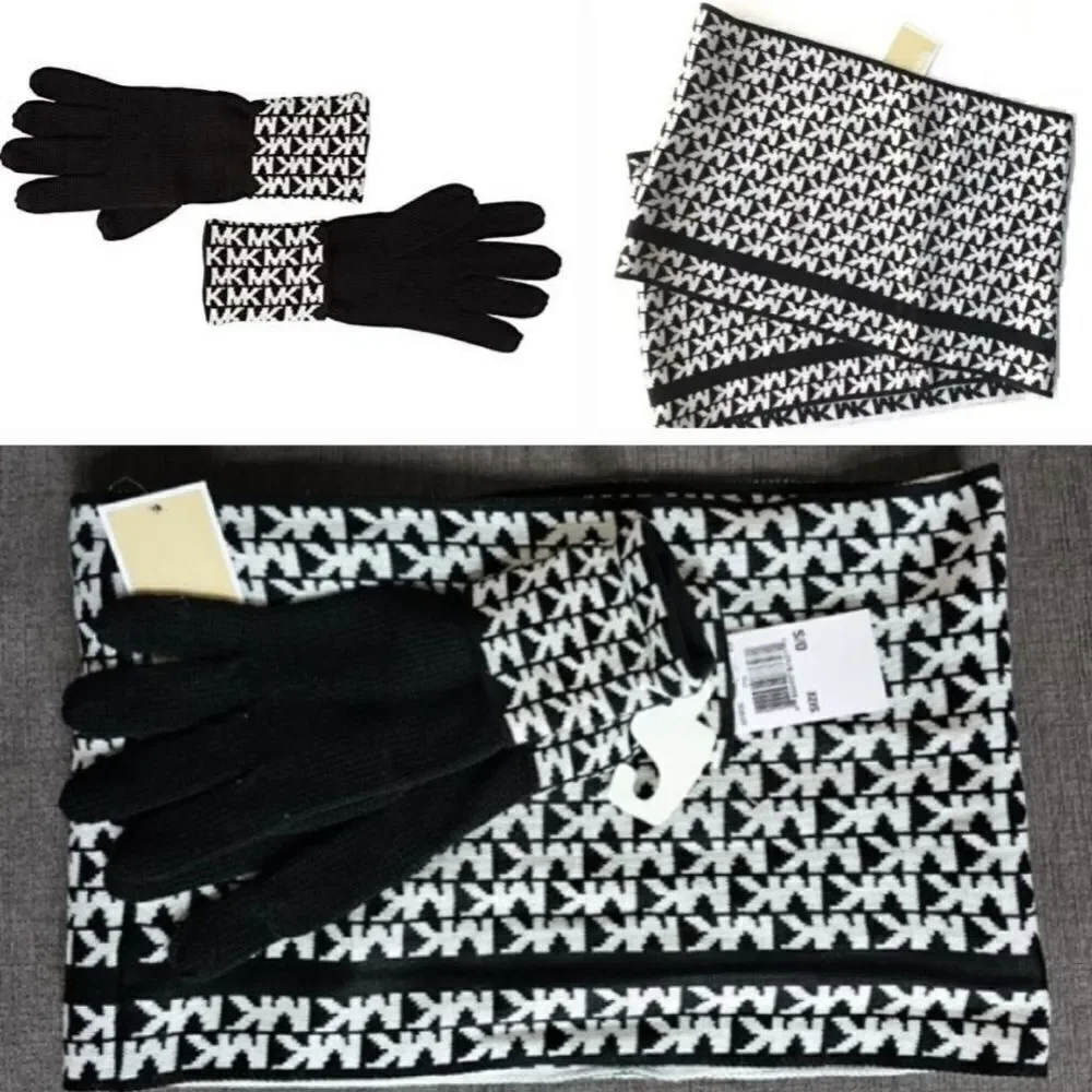 Michael Kors 2 pc Black & White MK Logo monogram Knit Cuffed Gloves & Scarf set